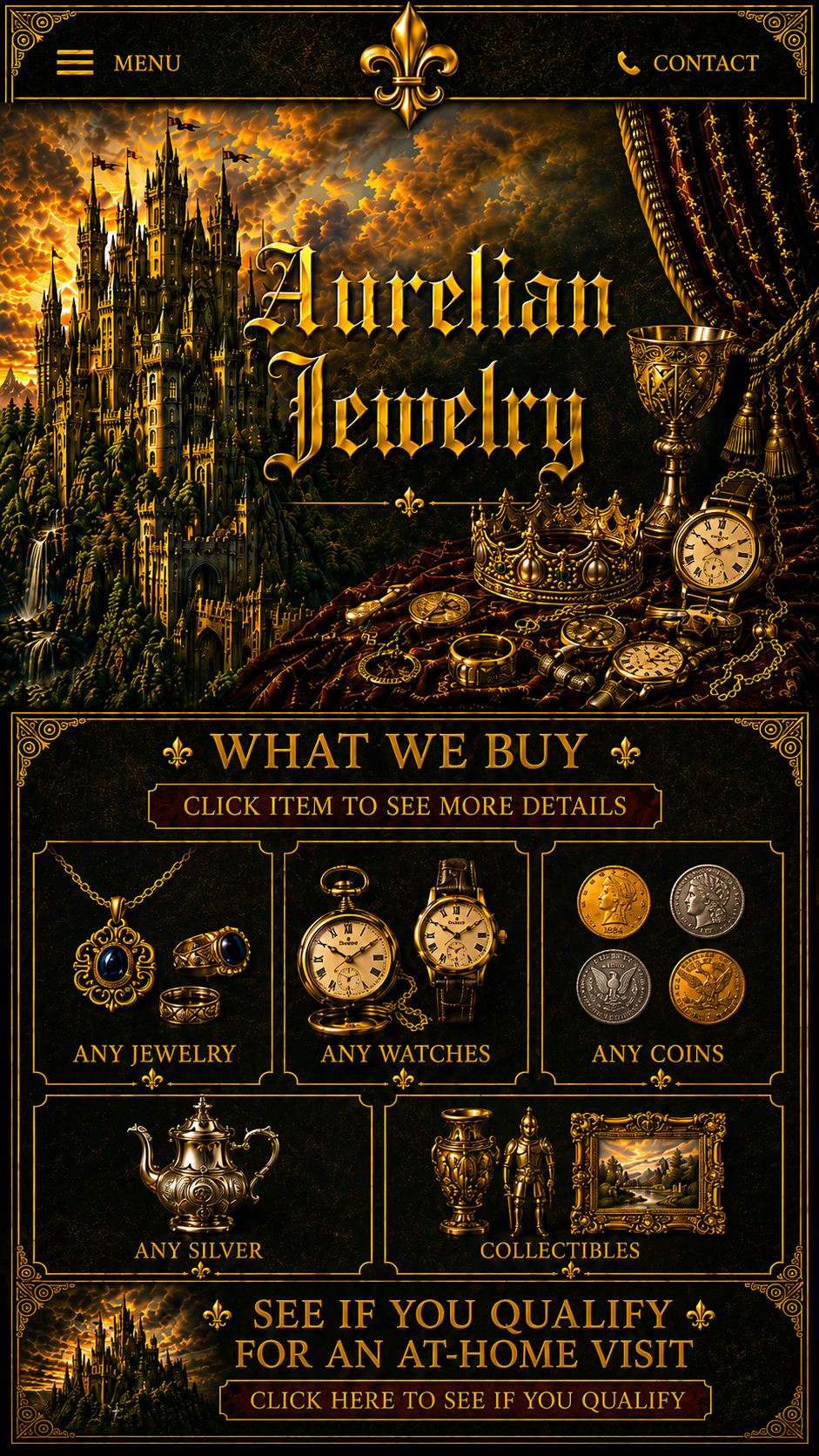 Aurelian Jewelry homepage with what we buy sections